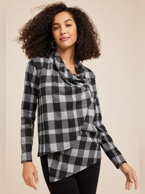 Maurices Black and Gray Plaid Wrap Cardigan Layer Warm Asymmetrical Winter fall
